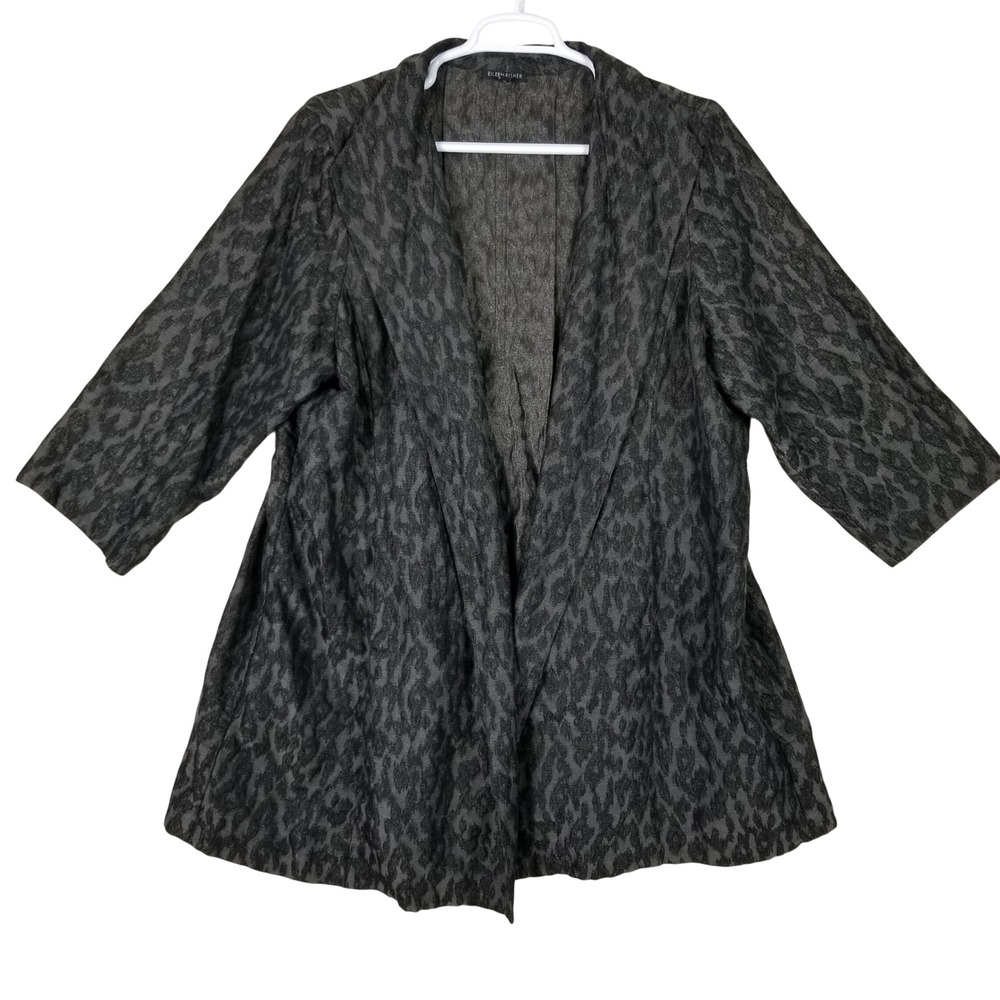 Eileen Fisher Jacket Women 3X Black Gray Silk Blend Jacquard Animal Print Open